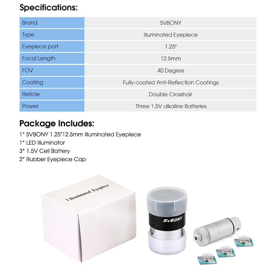 Specifications and Package of Illuminated Reticle Eyepiece Specifications and Package of Illuminated Reticle Eyepiece