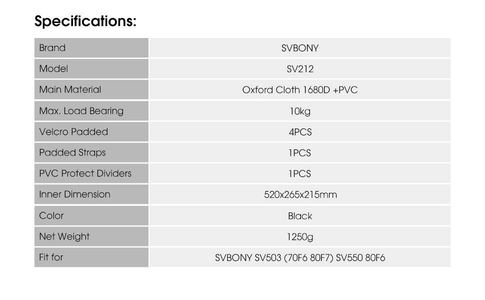 SV212 Telescope Bag Specifications SV212 Telescope Bag Specifications